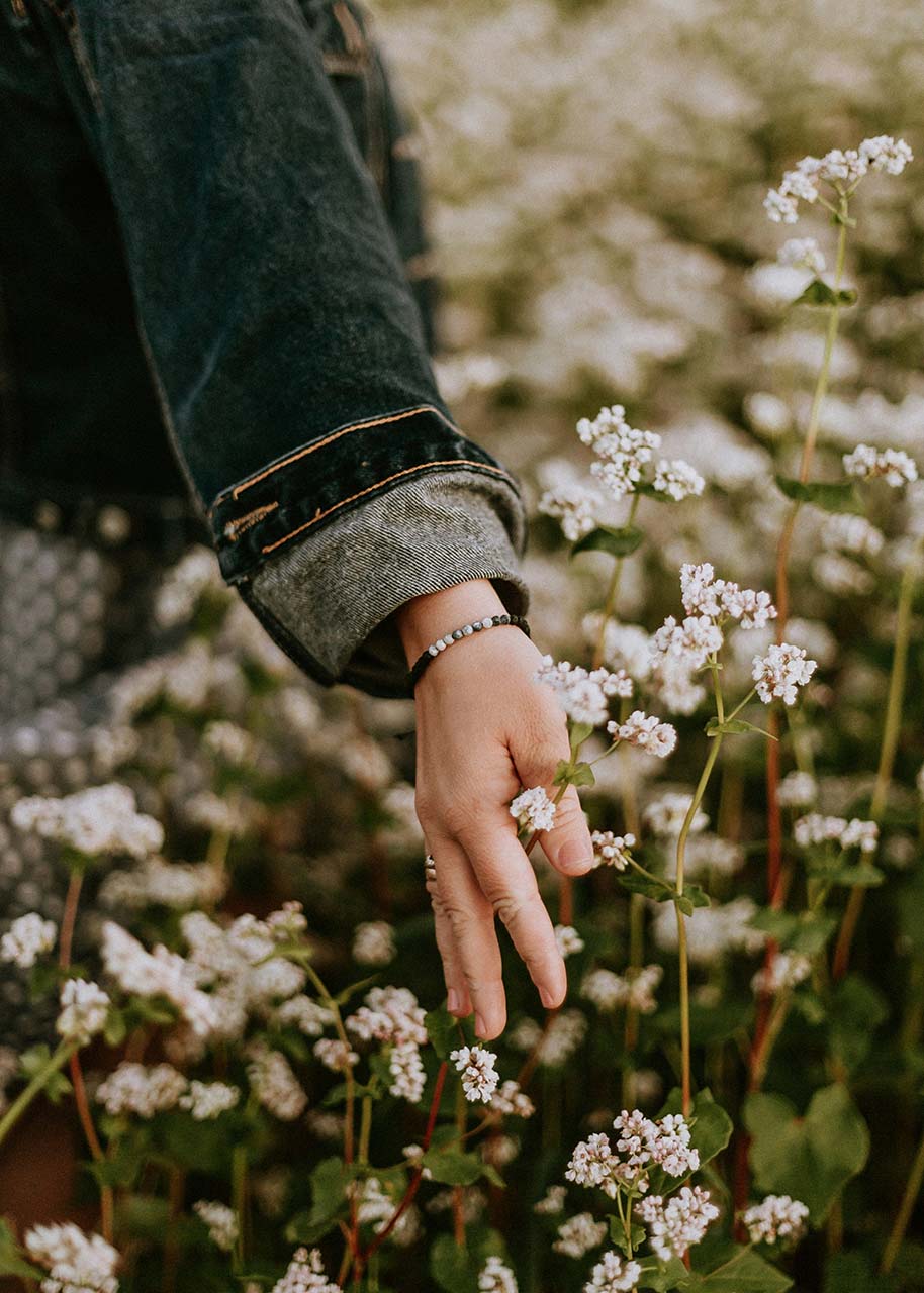 hand van een vrouw die door een veld met bloemen loopt - slow en seizoensgebonden leven